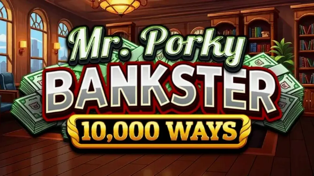 Tampilan visual kantor mewah Mr. Porky Bankster dengan simbol-simbol kekayaan di latar belakang.