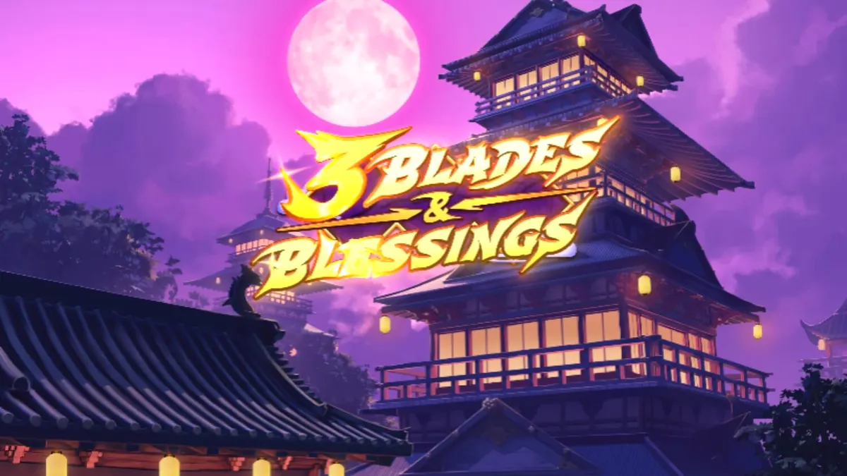 Tampilan visual slot 3 Blades & Blessings dengan tema ninja dan latar belakang pagoda.